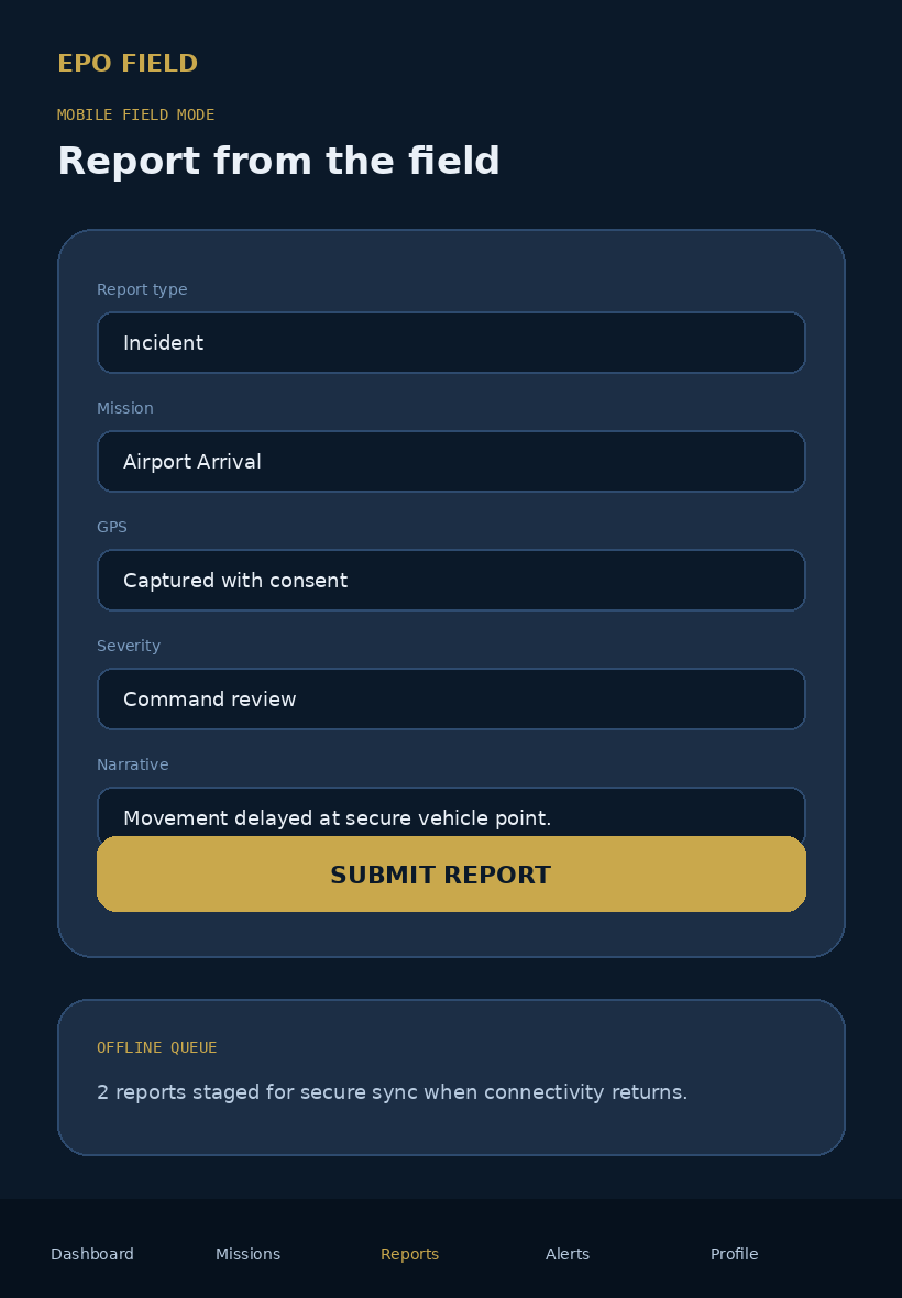SenturianEPO mobile field reporting screen with incident form, GPS consent, and offline queue.